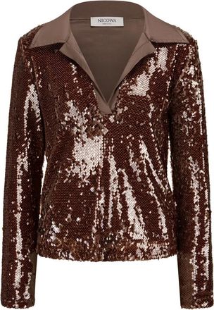 Nicowa Tops, Dames, Bruin, XL, Satijn, Paillet Polo Shirt Oriwilo