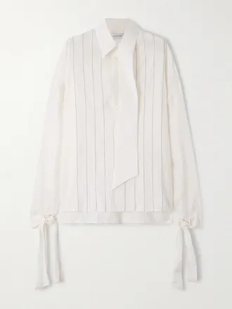 Lanvin Camicia In Twill Di Seta Con Ricami E Sciarpina - Bianco