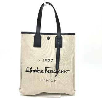Ferragamo Beige Black Canvas Handbag Tote Bag (Pre-Owned)