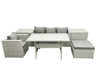 Fimous Rattan Garden Furniture Dining Set 5 Seater Lounge Sofa Chair Dining Table Set with Big Footstool Light Grey Mixed