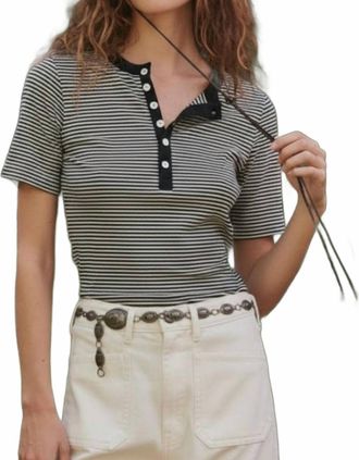 The Great. Henley Short Sleeve Shirt In Black & Cream Stripe