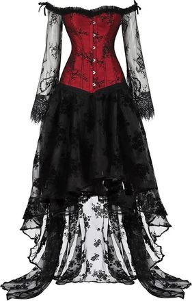 Grebrafan Gothic Off Shoulder Lace Sleeves Corset Bustier with Prom Skirt (UK(22-24) 6XL, Wine Red)