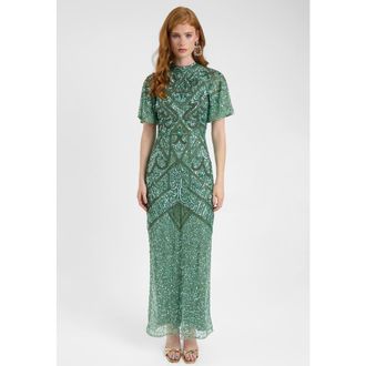 Beauut Embellished Sequin Beaded With Short Flutter Sleeves Maxi Dress in Green at Nordstrom, Size 14