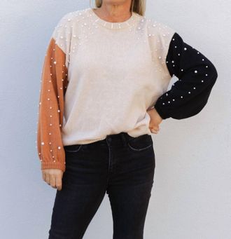 Bibi A Pearly Affair Pearl Beaded Color Block Sweater In Cream