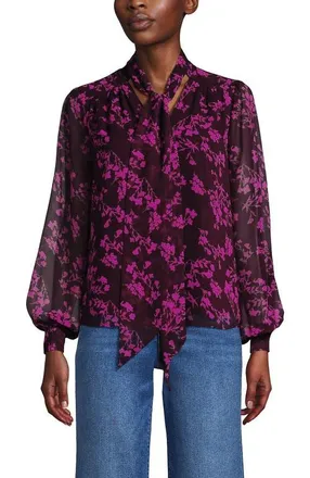 Lands End Chiffon Removable Tie Neck Blouse in Lush Burgundy Wildflowers at Nordstrom, Size X-Large