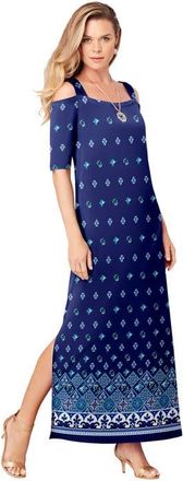Roaman's Plus Size Cold Shoulder Maxi Dress in Blue Paisley Print at Nordstrom, Size 40