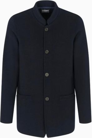 Emporio Armani Jassen, Heren, Blauw, M, Blauwe Gebreide Blazer Guru Kraag Knoop