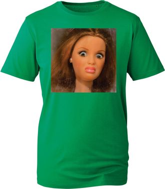 Generic Creepy Doll Face Meme T-Shirt - Funny Expression Graphic Tee, Quirky Novelty Shirt for Men Women (KellyGreen, M Years)