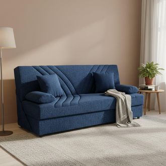 Dmora Sof&aacute; Cama Dmalama, Sof&aacute; Cama Contenedor De 3 Plazas Con 2 Cojines Incluidos, Sof&aacute; De Sal&oacute;n En Tela Acolchada Con Apertura Clic-clac, 181x81h88 Cm, Azu