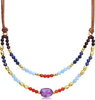 Ross-Simons Multi-Gemstone Bead Layered Necklace With Brown Leather Cord