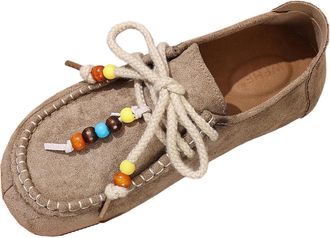 Generic Flat Shoes for Women Wide Fit Casual Walking Shoe Faux Suede Stylish Ethnic Style Comfortable Breathable Lace Up Shoes Work Leisure Khaki