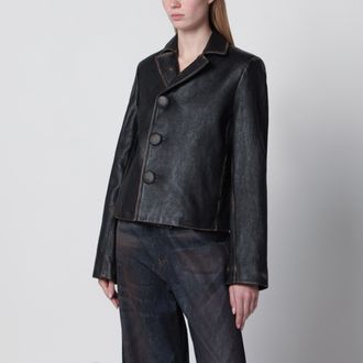 Maison Margiela Short button-up leather jacket in black calfskin