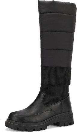 Generic Womens Quilted Over-The-Knee Boots with Ribbed Knit Panel PU Leather Toe Chunky Lug Sole Comfortable Anti-Slip Wear-Resistant for Daily Street Winter 