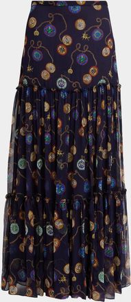 Etro Nautical-Print Silk Chiffon Tiered Maxi Skirt