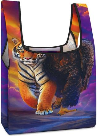 Generic Bald Ea-gles And Tiger Reusable Shopping Bags Lightweight Foldable Grocery Bag Polyester Washable Tote Bag