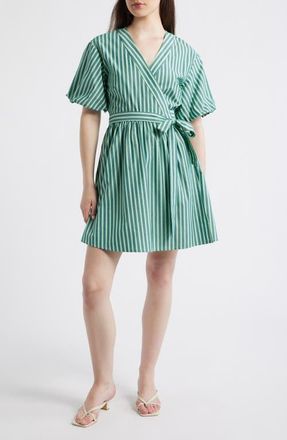FRNCH Sossio Stripe Puff Sleeve Wrap Dress in Vert Rivage at Nordstrom, Size X-Small