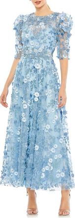 Mac Duggal Applique High Neck Puff Sleeve A Line Dress in French Blue at Nordstrom, Size 18