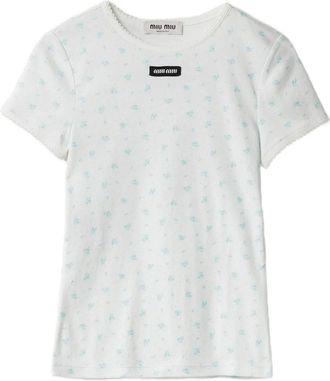 Miu Miu T-shirt met logopatch en bloemenprint - Wit