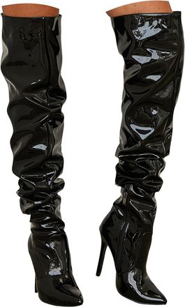 Generic Womens Knee high Brown Slouchy Boots fold Over Comfy Leather Stiletto Pointed Over-Knee high Boots Women for Party Wedding or Dating Zipper PU Leather