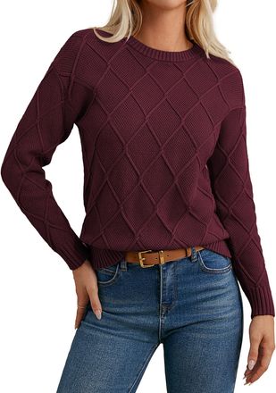 Grace Karin Womens Diamond Pattern Jumpers Knit Sweater Long Sleeve Crew Neck Casual Pullover Winter Autumn Dark red XL
