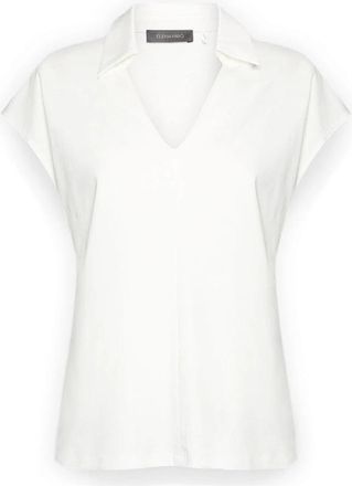 Elena Miro T-shirt met kraag en V-hals - Dames - Blouses - Wit - XS - Katoen - Overhemden