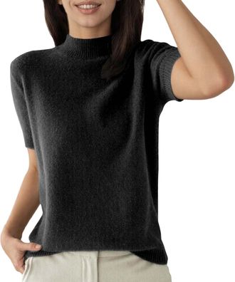 Generic Womens Short Sleeve Knitted Jumper with Stand-Up Collar, Fine Knit Top in Minimalist Style, Elegant and Soft Basic Top for Business and Leisure