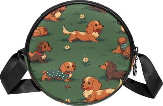 Generic Circle Crossbody Bag for Women, Cute Little Dog Small Sling Bag Daypack with Zipper Adjustable Shoulder Straps Casual Ladies Girls Round Purse