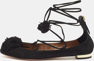 Aquazzura Black Suede Sunshine Ankle Tie Flats