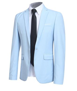AlltheMen Mens Casual Blazer Slim Fit Formal Business Suit Jackets One Button Single Breasted Tuxedo Jacket Smart Blazer - Light Blue - XXL