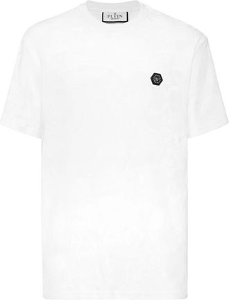 Philipp Plein Tops, Heren, Wit, 3Xl, Katoen, Round Neck Jacquard T-Shirt Crest