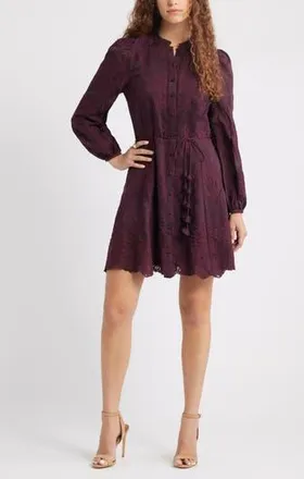 Chelsea28 Ruffle Collar Embroidered Long Sleeve Dress in Burgundy Royale at Nordstrom Rack, Size X-Small