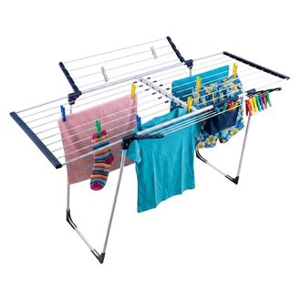 Relaxdays Tendedero Relaxdays Plegable Y Extensible, 96,5x98-161,5x95 Cm, Metal, Bolsa Con Pinzas, Blanco/azul