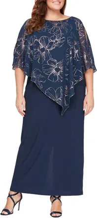 S.L. Fashions Metallic Chiffon Overlay Gown in Navy/Rose Gold at Nordstrom, Size 14W