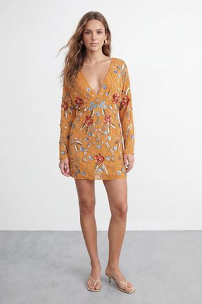 Warehouse Womens Premium Hand Embellished Plunge Mini Dress with Kimono Sleeve - Yellow - Size 18 UK