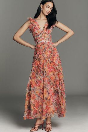 Mac Duggal Sleeveless Textured V-Neck Midi Dress