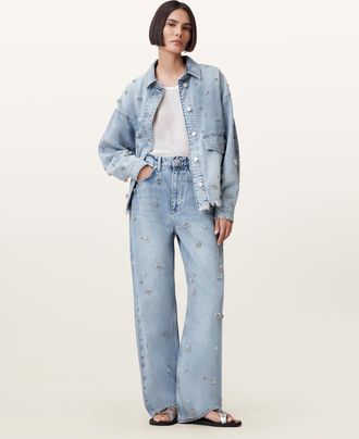 AllSaints Cotton Blake Embellished Wide Leg Denim Jeans, Size: 25