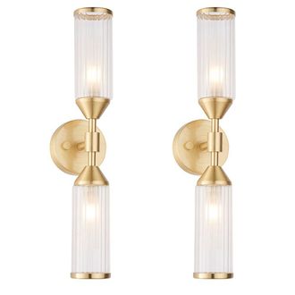Loops 2 PACK Satin Brass Twin Wall Light & Ribbed Glass Shades Frosted Glass Defusers in Clear