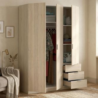 Dmora Armario Dbarro, Perchero Para Dormitorio, Armario Con 3 Puertas Batientes Y 3 Cajones, 121x52h184 Cm, Roble - Dmora