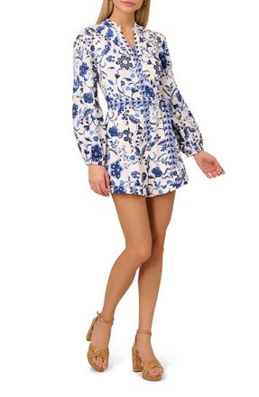 Adrianna Papell Floral Long Sleeve Cotton Romper in White/Blue Multi at Nordstrom, Size 12