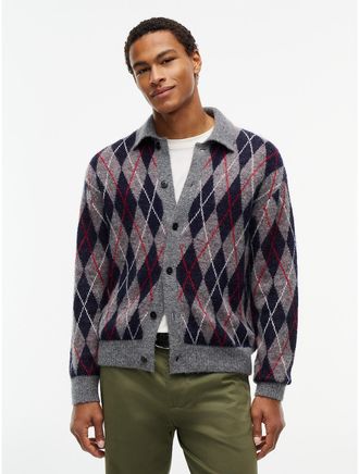 Tommy Hilfiger Mens Relaxed Fit Argyle Polo Cardigan - Grey Heather - XL