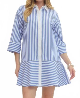 Entro Striped Collared Three Quarter Sleeve Mini Dress In Blue