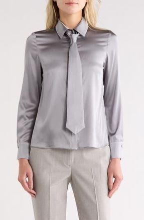 Alice & Olivia Brady Slim Fit Stretch Silk Button-Up Shirt with Tie in Storm Grey at Nordstrom Rack, Size X-Small