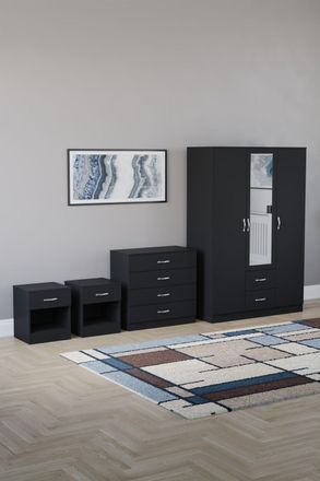 Home Discount Vida Designs 4Pc Bedroom Set 2xBedside, 4Drawer Chest, Mirror Wardrobe in Black