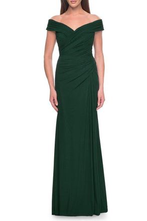 La Femme Off the Shoulder Jersey Evening Gown with Ruching in Dark Emerald at Nordstrom, Size 6