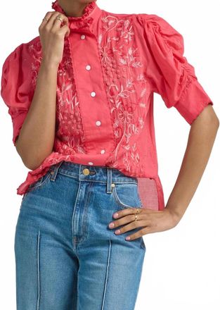 Thierry Colson Vita Embroidered Short Sleeve Blouse In Raspberry