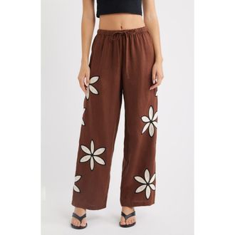 Rails Emmie Embroidered Floral Drawstring Linen Pants in Cocoa Floral Embroidery at Nordstrom, Size Xx-Small