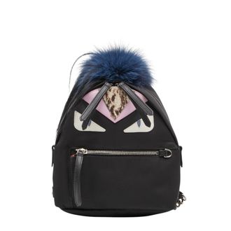 Fendi Black Blue Pink Nylon Leather Fur Backpack (Pre-Owned)