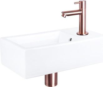 Differnz Force fonteinset - 40x22x11.5cm - Rechthoek - 1 kraangat - Recht rose koper kraan - Keramiek Wit