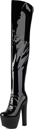Generic Womens Patent Leather Over The Knee Boots Block High Heel Platform Boots Round Toe Thigh High Boot with Zipper,Black1,5.5 UK