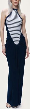 Nocturne Stripe Draped Halter Neck Maxi Dress in Multi-Colored at Nordstrom, Size X-Small